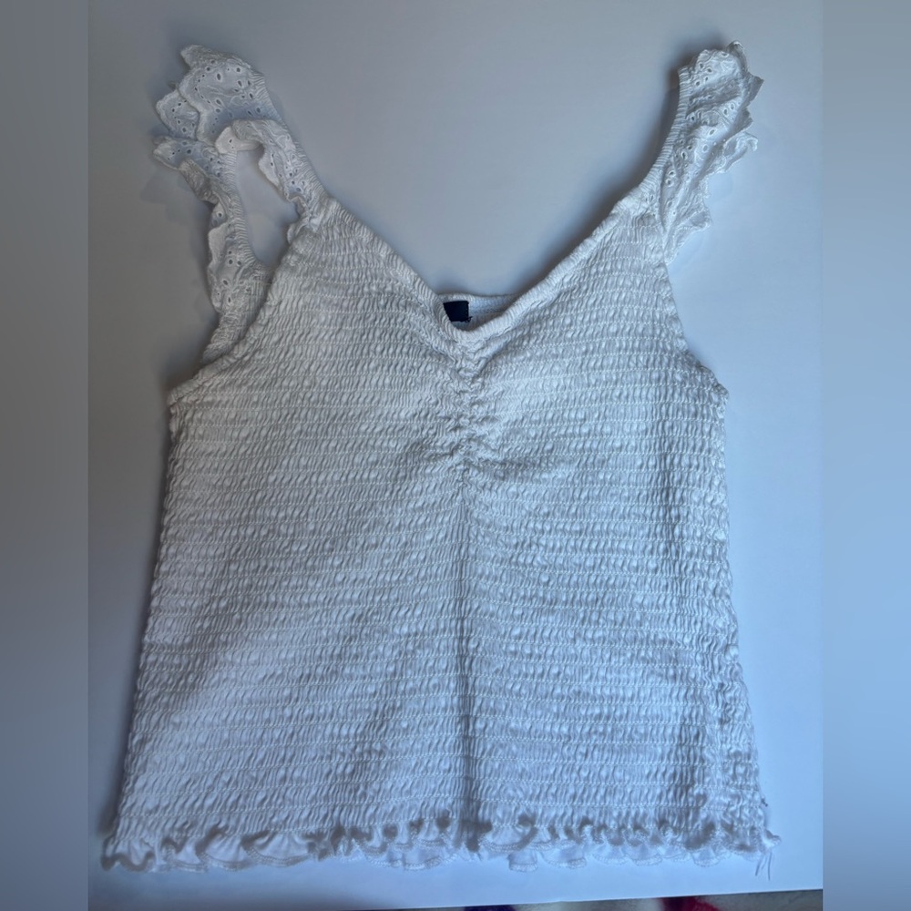 Forever 21 White Smocked Eyelet Ruffle Strap Top